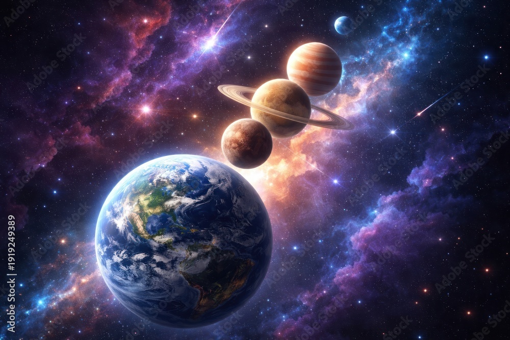 Obraz premium Vibrant cosmic planetary alignment illustration.