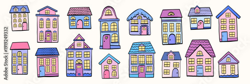 Hand-drawn vintage house illustration set, European cottages, simple line silhouettes. Designed for Christmas posters, cozy banners, and simple city illustrations, coloring book