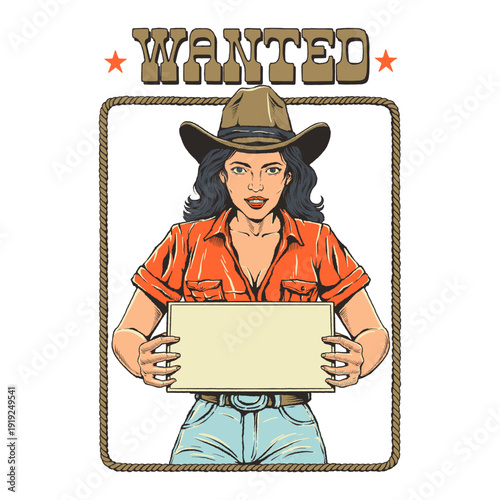 Wanted poster cowgirl vintage western pin up style illustration