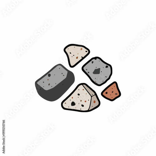 Pile of Irregularly Shaped Concrete Debris Fragments Isolated on a White Background with Black Outline Highlighting Their Textured Surfaces