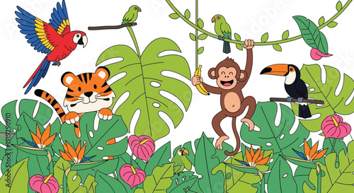 A playful illustration of a monkey, tiger, parrot, and toucan amidst lush greenery and vibrant flowers on World Wildlife Day, conveying a colorful wildlife conservation concept.