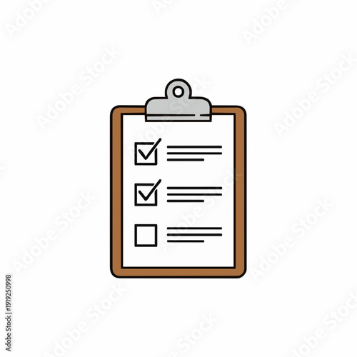 Clipboard with checklist and checkmarks for task completion and verification of work done in a clean and simple graphic illustration