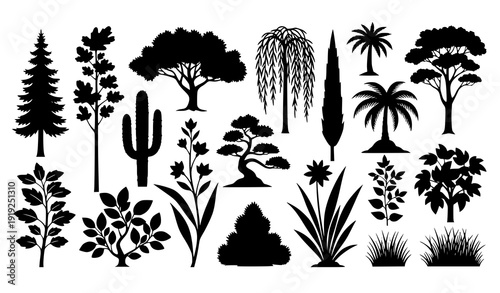 Various Tree and Plant Silhouettes Vector Set with Forest Garden and Tropical Botanical Elements on White