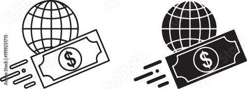 Global money transfer icon in line art and solid style, international currency exchange symbol, fast cash sending