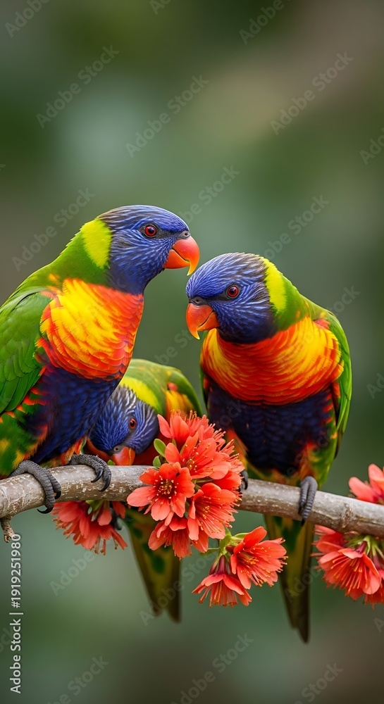 Naklejka premium Rainbow Lorikeets Perched on Branch with Flowers.