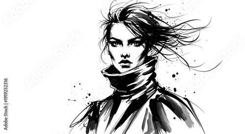 Dramatic black and white illustration of woman with windswept hair