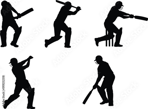 Cricket batsman silhouette set showing different batting shots and action poses sports gameplay concept isolated on white background