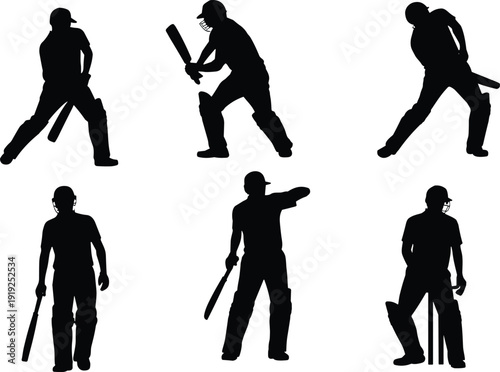 Cricket batsman silhouette set showing multiple batting action poses sports player movements isolated on white background vector illustration