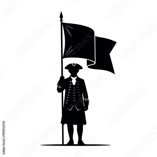 Colonial soldier holding a flag silhouette.