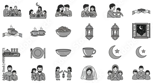 A collection of monochrome icons depicting various aspects of Islamic culture, Ramadan traditions, family gatherings, prayers, and festive celebrations.