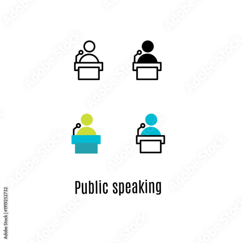 Vector icons of a person speaking at a podium in four styles. Modern symbol for public speaking, presentations, lectures, and corporate leadership.