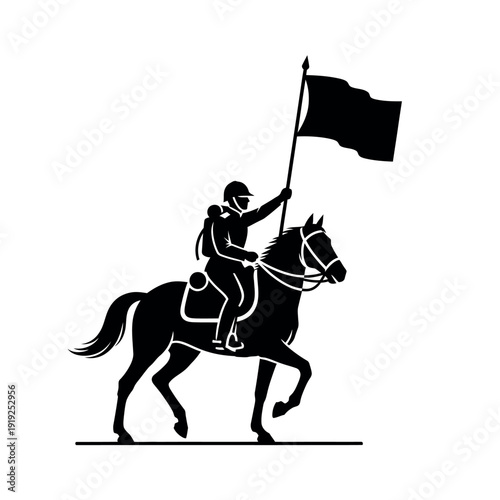 Silhouette of a rider on horseback holding a flag.