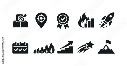 Business and performance solid icon set. Metrics, growth, achievement icons collection.