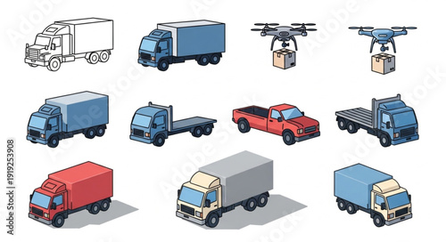 Collection of various trucks and delivery drones in isometric view.