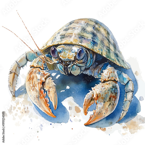 Hermit Crab, vibrant watercolor vector, isolated on a white background, high quality and detailed design.