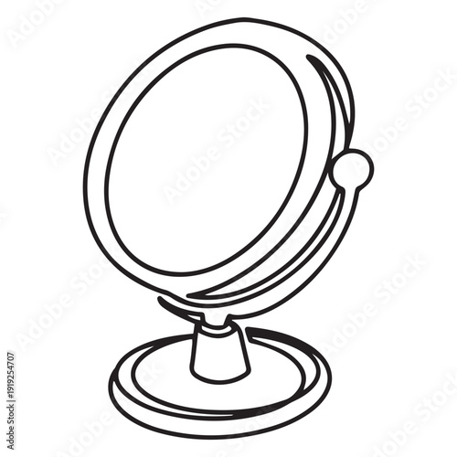 Round cosmetic mirror on stand in continuous one line style. Vector beauty salon element for banners, flyers, invitations and promotional design.