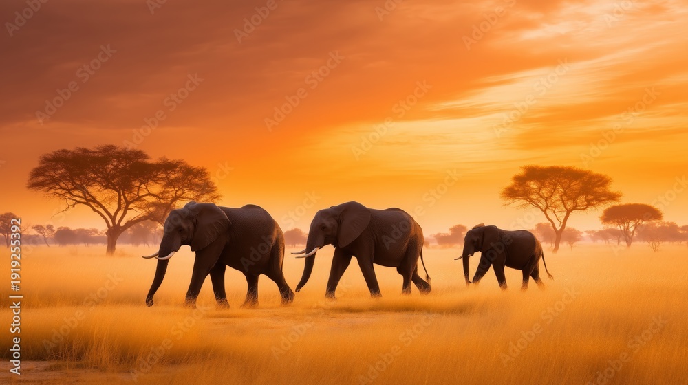 Fototapeta premium Three elephants walk across tall grass during sunset in a savanna landscape with trees in the background
