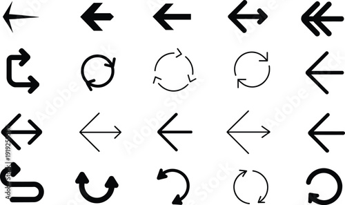 Black arrow icons collection set, left right directional, curved refresh and reload symbols isolated on white background, vector illustration pack
