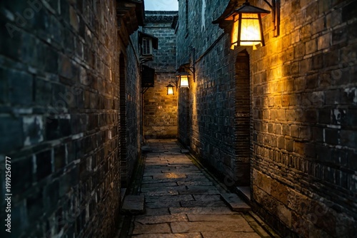 Narrow stone alleyway illuminated by warm lanterns at night, featuring traditional brick walls and historic architecture