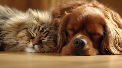 Sleeping dog and cat together peaceful photo