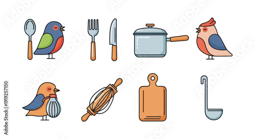 Birds and kitchen tools illustration