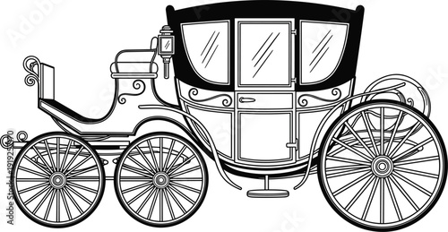 Antique royal horse carriage vector illustration, elegant Victorian coach with ornate details and large spoked wheels isolated black and white line art
