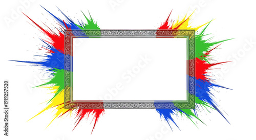 Ornate frame with colorful paint splashes on white background