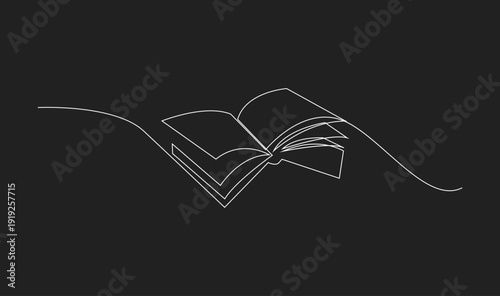 Open book continuous line art drawing symbolizing education, knowledge, and literature