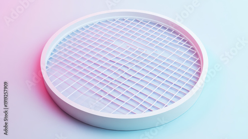 Circular grid design featuring white frame and mesh pattern, set against soft gradient background of pink and blue hues. modern aesthetic evokes sense of minimalism and creativity