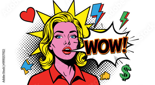 Pop art woman expressing surprise with WOW speech bubble