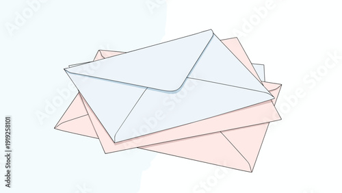 Small stack of pale blue and pink paper envelopes neatly layered on top of each other in a clean minimalist illustration style.