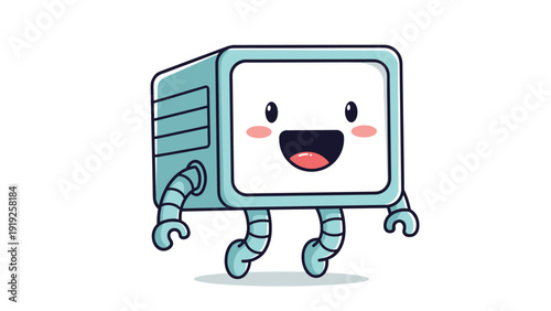 Adorable light blue robot character with a television screen face, smiling expression, and flexible segmented limbs.