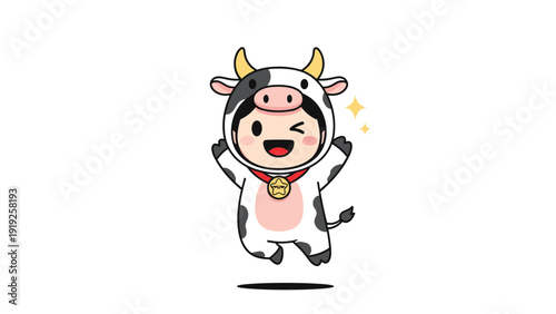 Happy little boy wearing a black and white spotted cow costume with horns and jumping in the air with a gold medal.