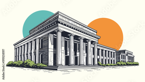 Grand neoclassical building with a long row of columns and an imposing facade set against abstract teal and orange circles.