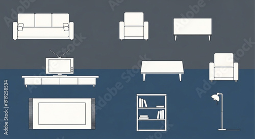 Collection of modern furniture icons for interior design projects.