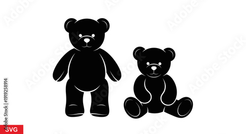 Two black teddy bear silhouettes, one standing, one sitting, on white background