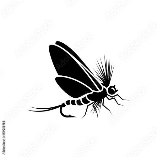 Black silhouette of a mayfly fishing lure on white background