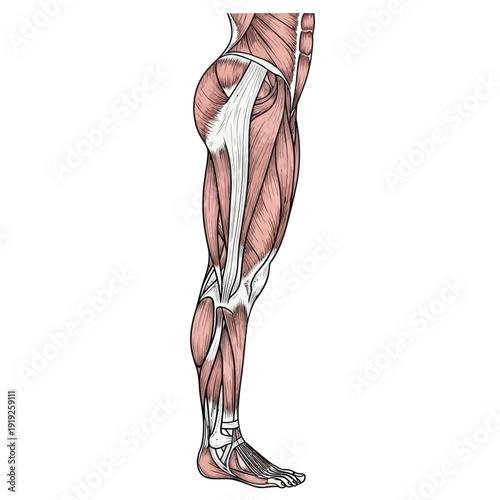 Human Leg Anatomy, Muscular System, Side View Illustration
