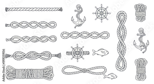 Nautical Rope Knots, Anchors and Ship Wheels Hand Drawn Sketch Collection