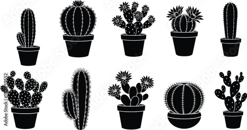 Cactus silhouette vector set, potted succulent plants collection, black monochrome desert botanical illustration, isolated prickly pear and barrel cactus clipart bundle