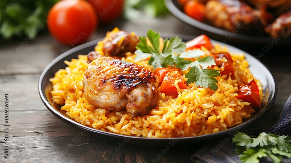 Fototapeta premium Savory chicken served with aromatic rice and carrots high resolution picture