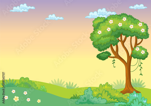Cartoon background with trees and meadow vector illustration