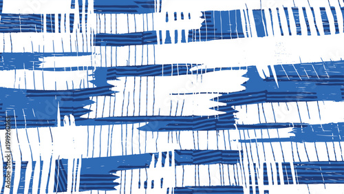 Intricate Japanese-inspired background featuring a blue and white abstract weaving texture. Hand-drawn with horizontal block layers, fine vertical etching, and rustic hatching.