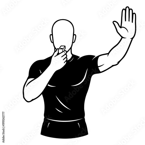 Referee Blowing Whistle and Making Stop Gesture. Black and White Line Art Vector Illustration of Coach or Lifeguard.