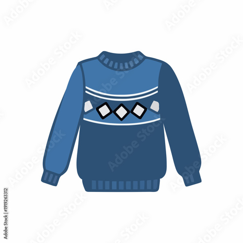 Cozy Blue Knit Sweater with Diamond Pattern and Ribbed Cuffs and Neckline Perfect for Autumn or Winter Weather