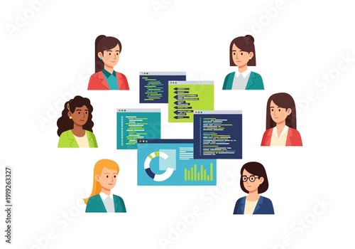 Diverse women professionals collaborating on software development and data analysis, fostering innovation in a digital workspace environment.