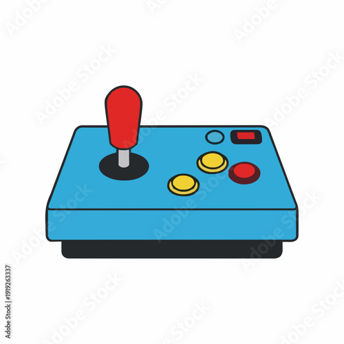 Retro Arcade Joystick Controller With Red Button And Yellow Buttons On Blue Base Isolated On White Background
