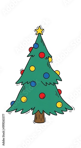 Decorated evergreen tree with a star on top and festive baubles.