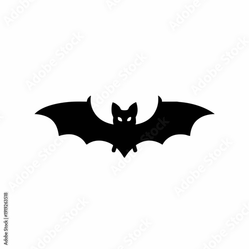 Black Bat Silhouette with Glowing Eyes Flying Against a White Background Symbolizing Halloween and Nighttime Activities