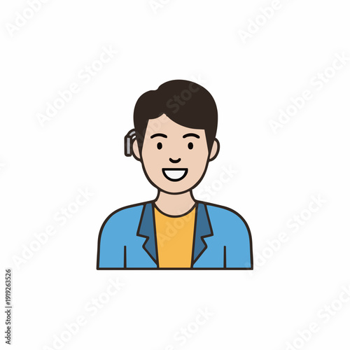 Smiling Young Man Wearing Blue Jacket and Yellow Shirt with Ear Bud on White Background